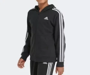 Adidas Boy's Track Jacket Hoodie Black Stripe ESS 3S HOOD CTN Sz 7 Full Zip EUC - Picture 1 of 9