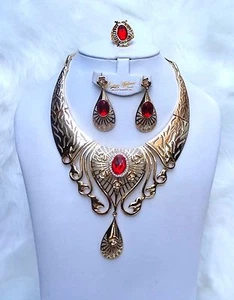 Bold Red 18K Gold Plated Fashion Women Necklace Earring Party Jewellery Set - Picture 1 of 4