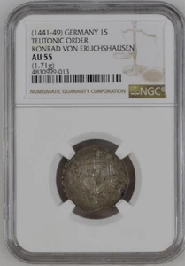 Poland  Silver Schilling 1449-67 NGC AU55  Teutonic , Ludwig von Erlichshausen - Picture 1 of 4