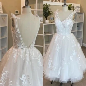 Short Ivory Wedding Dresses V Neck Lace Applique Bridal Gown Backless Tea Length - Picture 1 of 9
