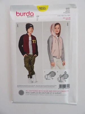 Burda 9355 Raglan-Sleeve Varsity Jacket or Hoodie UNISEX Sz 6-13 UNCUT Pattern - Image 1 of 3