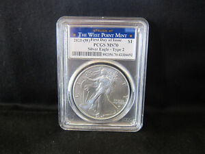 2021 (W) American Silver Eagle PCGS MS70 FDOI TYPE 2 Coin In West Point Holder
