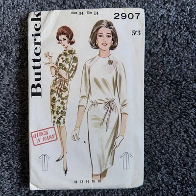 Butterick 2907 Jewel Or Cowl Shift Dress Sz 14 B34 Vintage 60s Sewing Pattern FF - Image 1 of 4