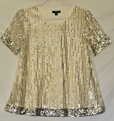 Blusa elegante de lentejuelas doradas para dama manga corta línea A talla PM de Alfani Foto 1 de 4