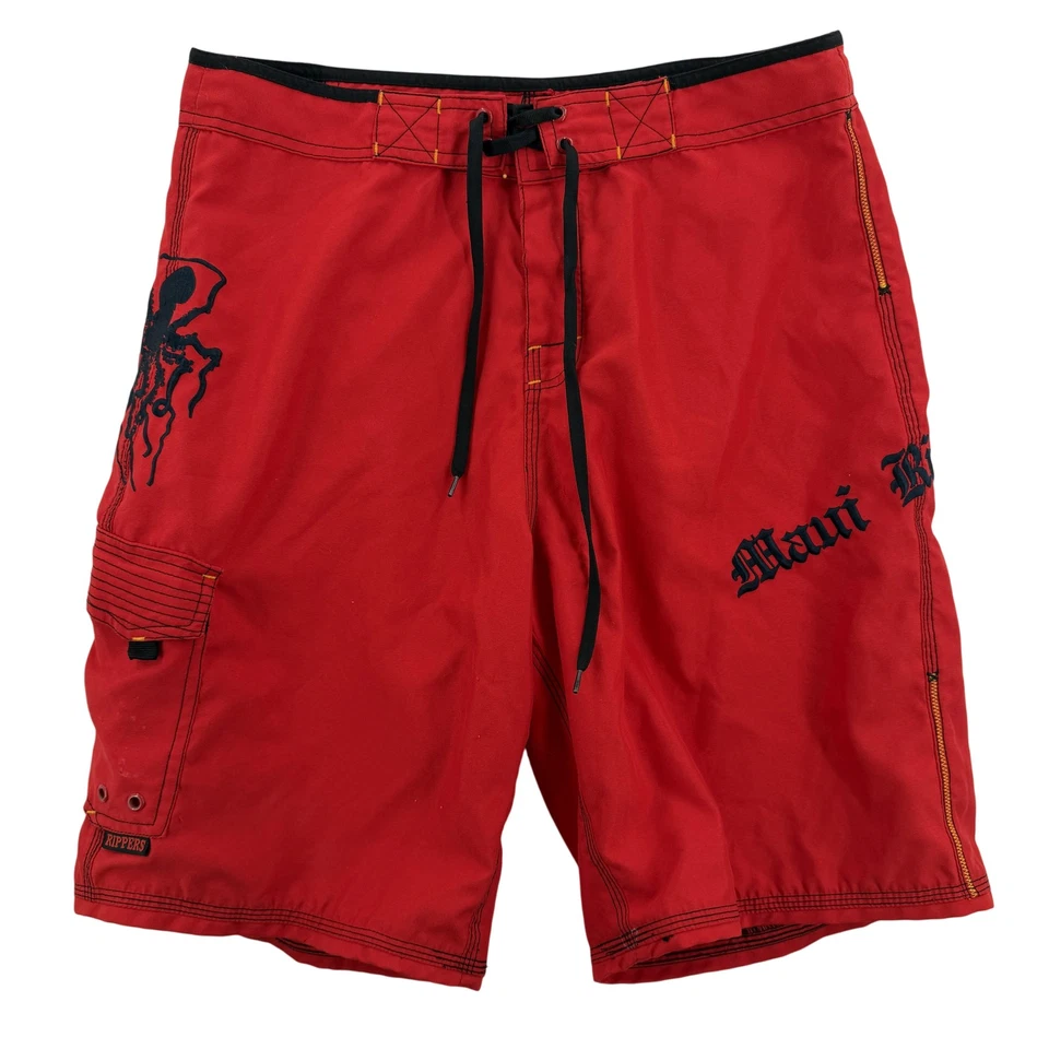 Maui Rippers Shorts Mens 34 Red Boardshorts Surf Swim Octopus Cargo Zip Pocket - Image 1 of 4