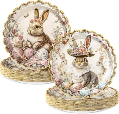 50 Piezas Platos de Papel de Pascua Vintage Conejito Fiesta Postre Platos 7 Pulgadas con Oro E Foto 1 de 4