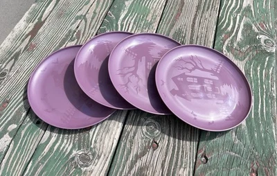 Set of 4 | MAINSTAYS 10.5” Plastic Halloween House Etched Dinner Plate • Purple - Image 1 of 4