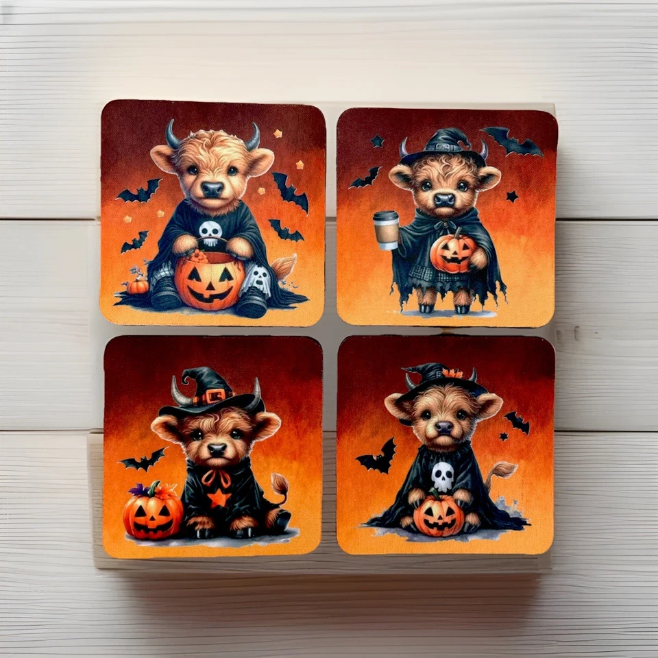 Highland Cow Halloween Coasters (4) Bar Drink Holder Bottle Can Foto 1 de 1