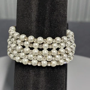 Vintage Faux Pearl Rhinestone Bracelet Womens Four Row Coil Cuff Stretch Bangle - Picture 1 of 9