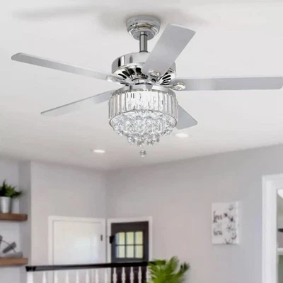 52" Modern Crystal Ceiling Fan Light w/ Remote Control 6-speed Chandelier Lamp - Image 1 of 4