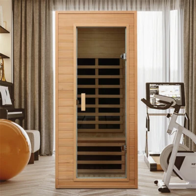Sauna One-Person Indoor Far Infrared Hemlock Wood Tempered Glass Door Home Spa - Image 1 of 4