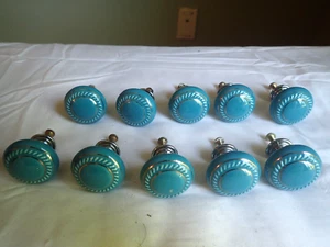 Vintage Porcelain Ceramic Drawer Teal Pull Knob Handles Lot of 10 - Picture 1 of 5