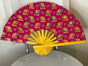 Fan Thai Folding Elephant Pink Hand Wooden Thailand Home Decor พัดมือช้างสีชมพู - Picture 1 of 10
