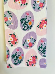 SET OF 2 FLORAL EASTER EGGS TEXTURED KITCHEN TOWELS LAVENDER PINK FLOWERS - Picture 1 of 7