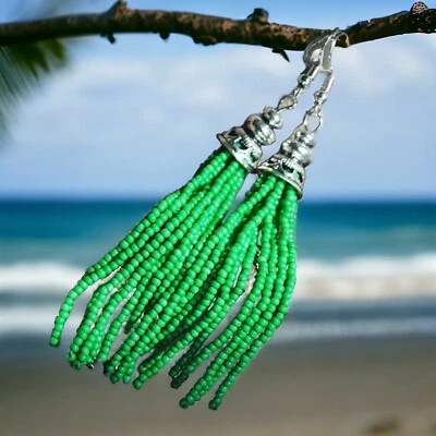 Glass Beaded Earrings Handmade Tibet Silver Gift Unisex Green - Image 1 of 4