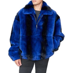 Mens Full Pelt Real Rex Rabbit Fur Chinchilla Bomber Jacket Fashion Fur Hot Coat - Picture 1 of 17