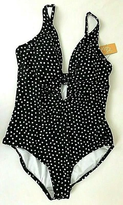 Traje de baño Kona Sol para mujer negro blanco lunares alta cobertura de una pieza LG 12-14 Foto 1 de 4