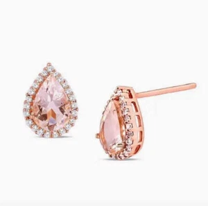 14K Rose Gold Morganite Pear Cut Pavé Studs Earrings  2.00 Cttw  - Picture 1 of 2