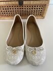 Tory Burch Ballet Flats Ivory White Leather With Gold Embroidered Logo Size 7