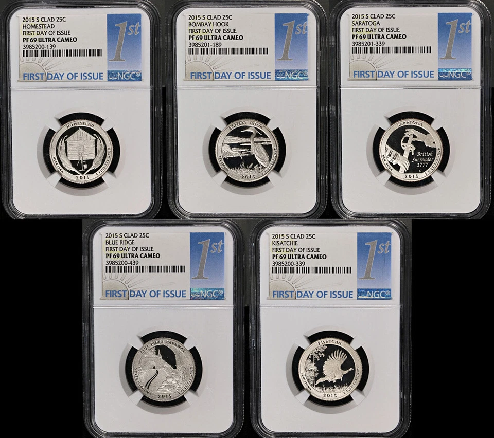 2015-S Clad ATB 5 Coin Proof Quarter Set NGC PF69 Ultra Cameo First Day Issue - Image 1 of 2