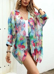 Womens M Floral Print Sheer Chiffon 3/4 Bat Sleeve Casual Loose Kimono Cover Up - Picture 1 of 6