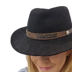 Vintage Magill Lee Cowboy Cowgirl Hat S Black Fur Felt Pheasant Feather Fedora - Picture 1 of 21