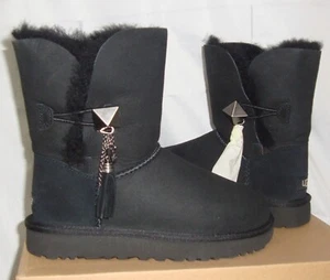 UGG Lilou Black Bailey Button Charms Suede Short Boots Size US 5 NIB #1013850 - Picture 1 of 6