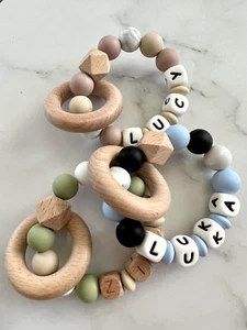 Handmade Personalised Gift Set Teether Silicone Rattle Teething Toy Baby Custom - Picture 1 of 24