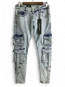 Monocloth Jeans Mens 30 Acid Wash Cargo Slim Fit Button Fly Skate 2Y Denim NEW - Picture 1 of 13