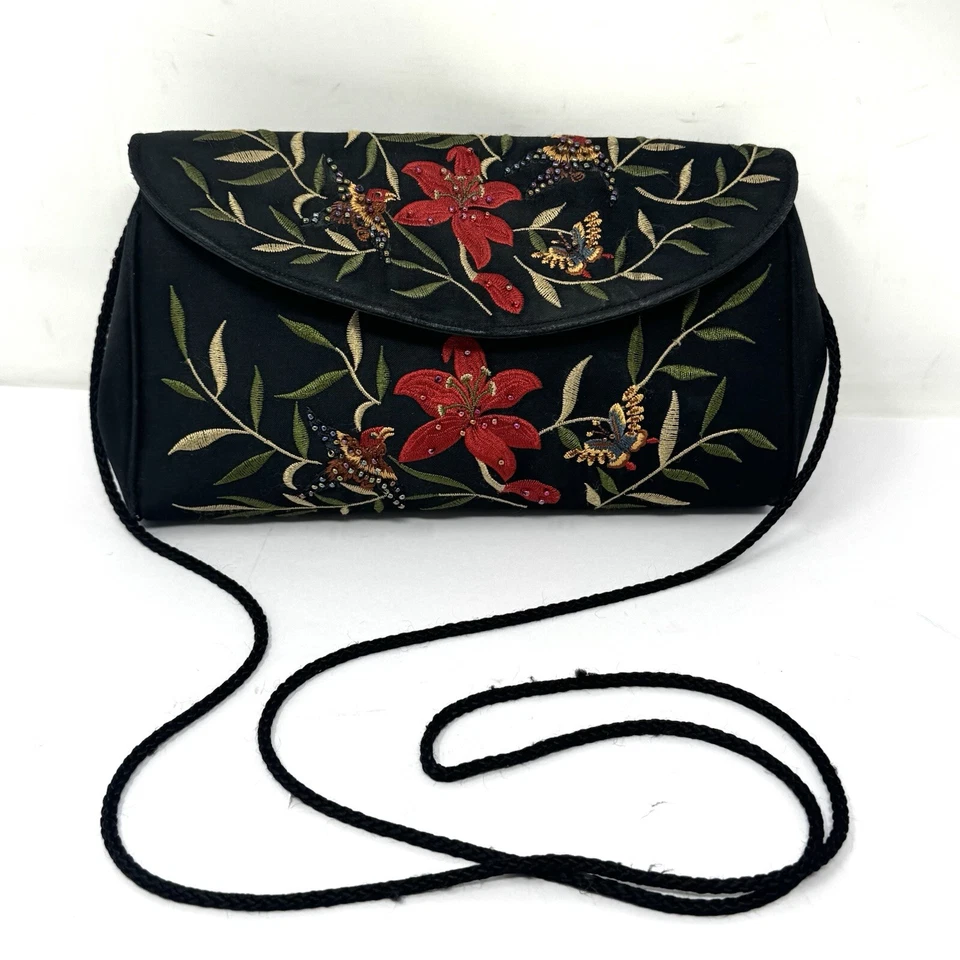 VTG Valerie Stevens Black Satin Crossbody Embroidered Beaded Bag Birds Flowers - Image 1 of 4