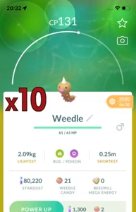 10x Weedle Pokemon Konvolut!! Gute Chance auf Glück und gute IVs!! Go - Bild 1 von 1