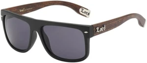 Locs Sunglasses - Retro Flat Top Black Frame / Brown Wood Print Arms - Men's - Picture 1 of 4
