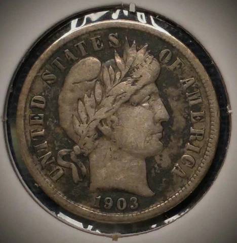 1903 BARBER DIME -- Fine+ (F+) -- Dark fields-- CS23119 Cover