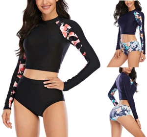 Womens Long Sleeve Rash Guard Full Coverage Brief Padded Two Piece Surf Swimsuit - Picture 1 of 9
