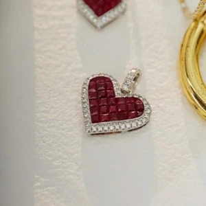 Sweety Heart Lab Created Ruby Natural Diamond Women Pave Pendant 14K White Gold - Picture 1 of 6