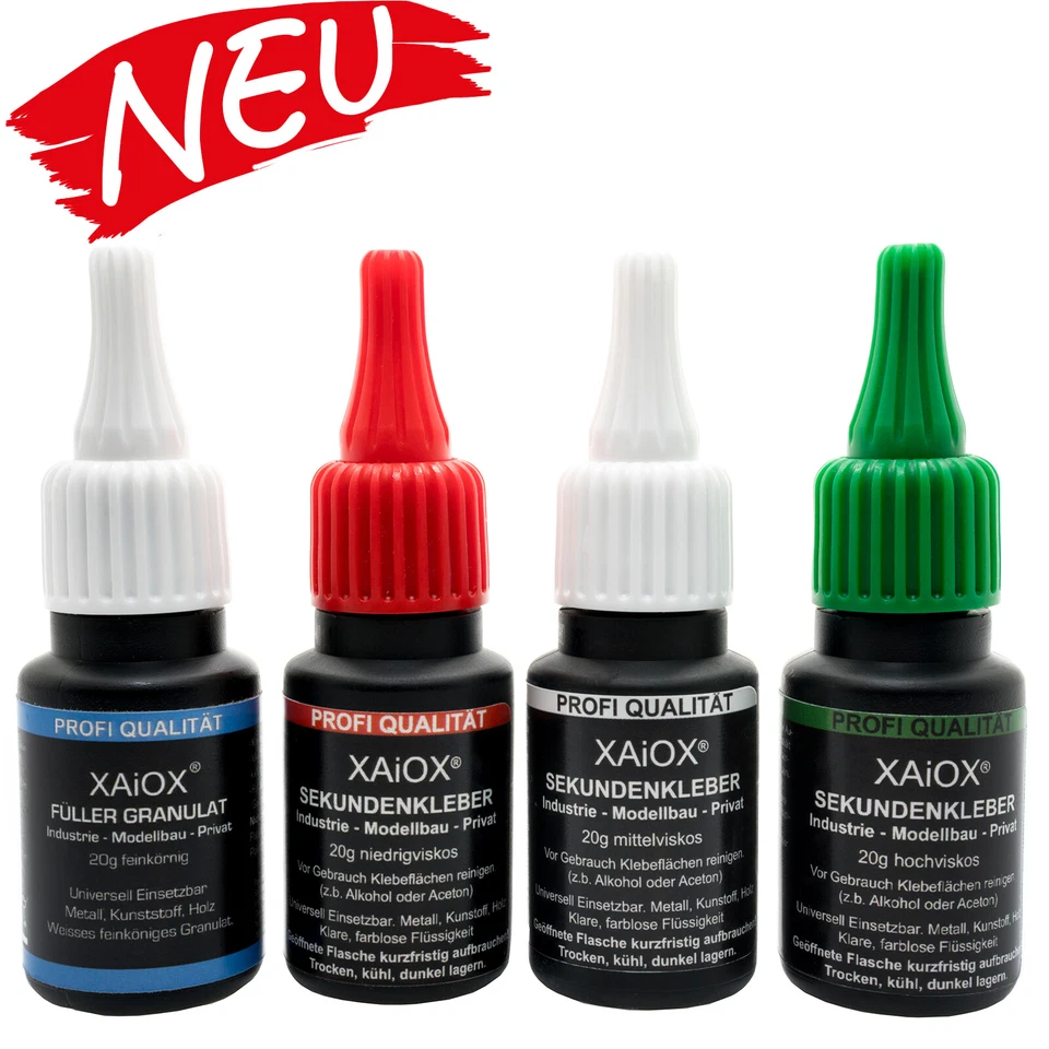 Xaiox 4tlg.SET Sekundenkleber dünnflüssig mittelflüssig dickflüssig + Füller 20g