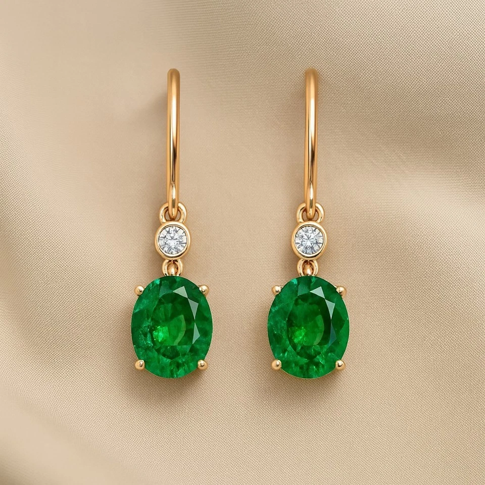 Lab Grown Emerald & Diamond Earrings 14K Solid Gold – May Birthstone # 1004 - Image 1 of 1