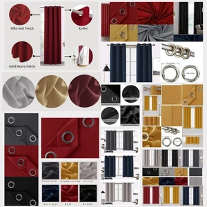 Thermal Insulated Blackout Curtains Heavyweight Eyelet Top Pair + Tie Backs - Picture 1 of 74