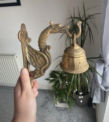 Vintage Peerage Brass Wall Mounted Hanging Bell Dragon Holder. Clapper missing.  - Image 1 of 4