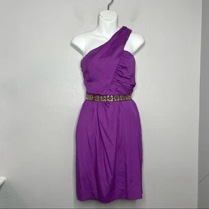 TRINA TURK Silk Dress Womens Size 8 One Shoulder Beaded Belted Mini Party Purple - Picture 1 of 11