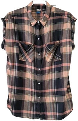 Camisa feminina Kavu sem mangas rayon multicolorida xadrez botão frontal colarinho M - Imagem 1 de 4