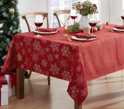Fancy Metallic Snowflake Christmas Fabric Tablecloth, 60 x 120 Inch Rectangle... - Image 1 of 4