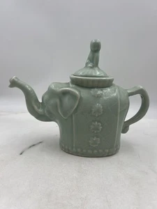 Celadon Porcelain Elephant Teapot Figural Lidded Pot Chinese Mark Relief Glaze - Picture 1 of 13