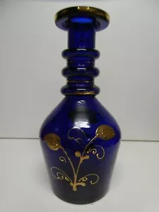 ANTIQUE BOHEMIAN COBALT BLUE DECORATIVE GILT PAINTED GLASS HOOKAH STYLE DECANTER - Picture 1 of 9