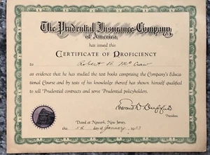 PRUDENTIAL LIFE INSURANCE CERTIFICATE January 5, 1933 Newark New Jersey NJ - Picture 1 of 4