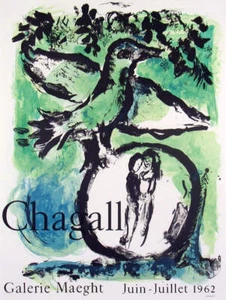 MARC CHAGALL Oiseau Vert 28" x 21" Lithograph 1962 Modernism Green Bird, Couple, - Picture 1 of 1