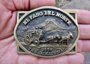 Hebilla de cinturón de colección JACKASS CORREO 1977 El Paso Del Norte latón occidental arte raro en muy buen estado+ - Imagen 1 de 4