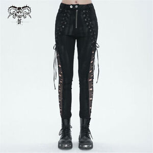 Devil Fashion Women Black Gothic Punk Casual Trousers Lace Up Hole Slim Pants