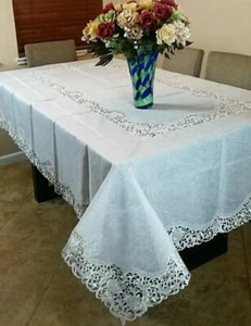 Polyester 72x108'' Ivory Floral Fabric Embroidery Organza Tablecloth 12 Napkins - Picture 1 of 4