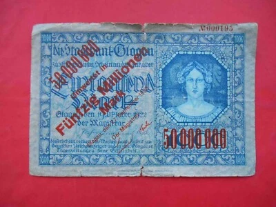 Głogów Glogau 1922 1000 Mark with overprint 50000000 mark 1923. Poland - Image 1 of 2
